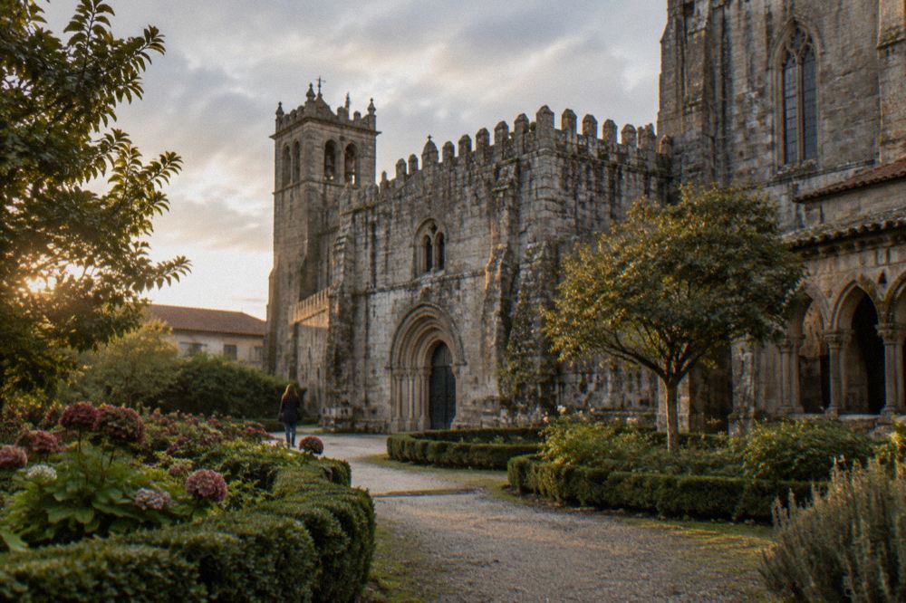 A gravel path curving between low hedges and flower beds with cathedral stonework in the background