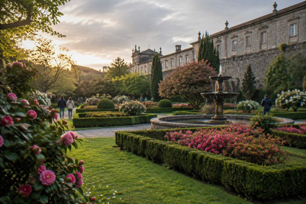 Spring flower beds in symmetrical patterns with clipped hedges and a stone wall behind them