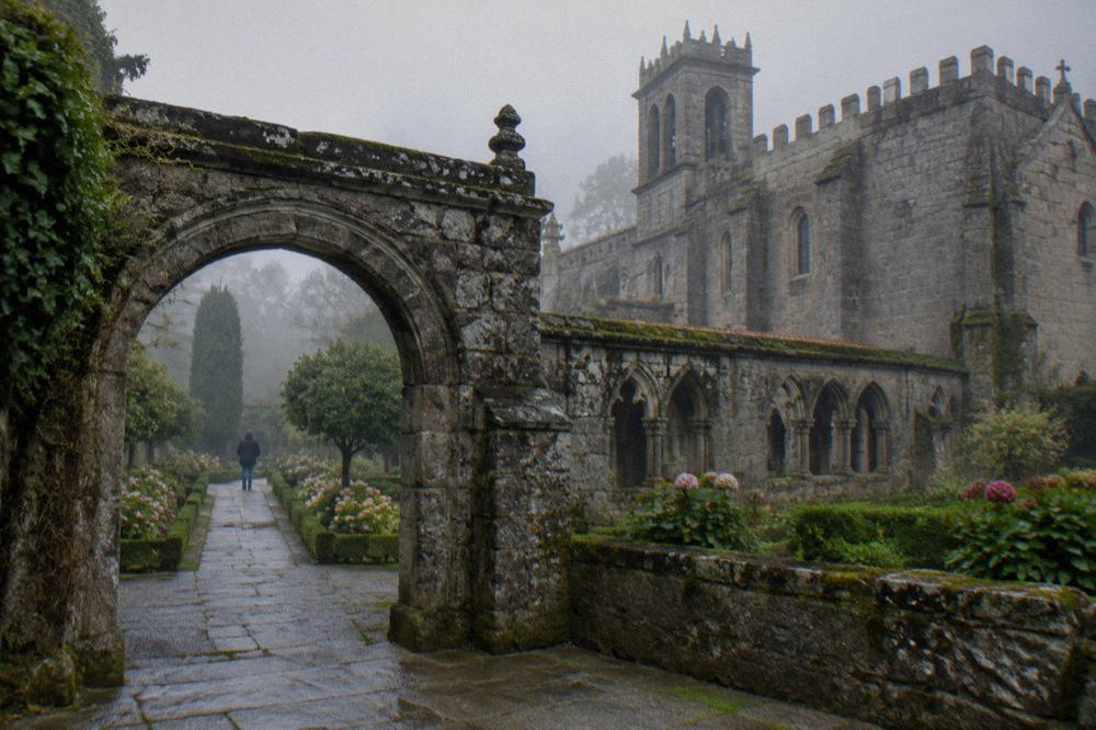 A stone archway of the cathedral complex opening onto a garden path with flower beds