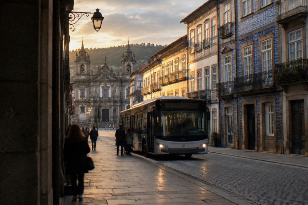 A city bus stopping on a street in Braga with historic buildings behind it