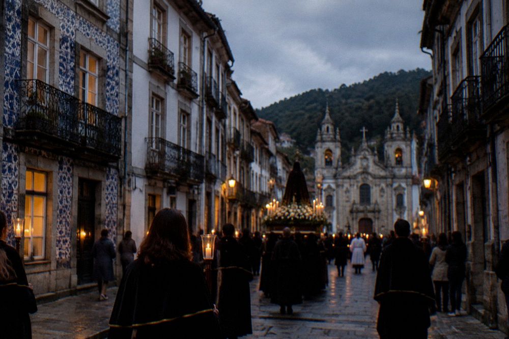 A candlelit religious procession moving through a narrow street in Braga at night