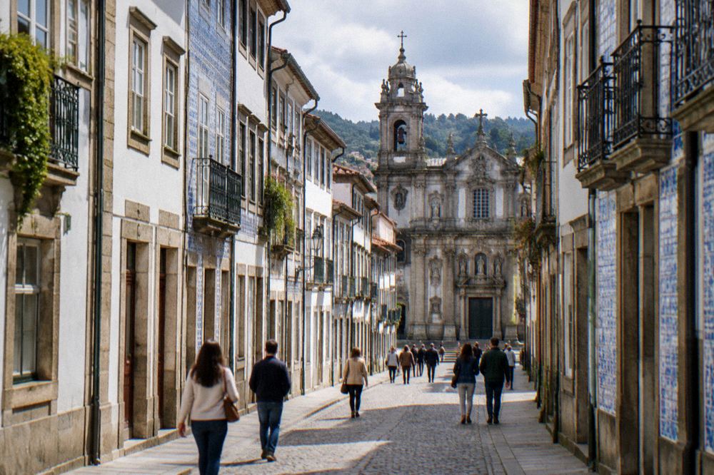 Visitors walking along a sunlit cobbled street between old church buildings in Braga
