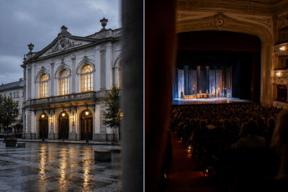 A theatre auditorium at night with the stage lit for a performance and a full audience
