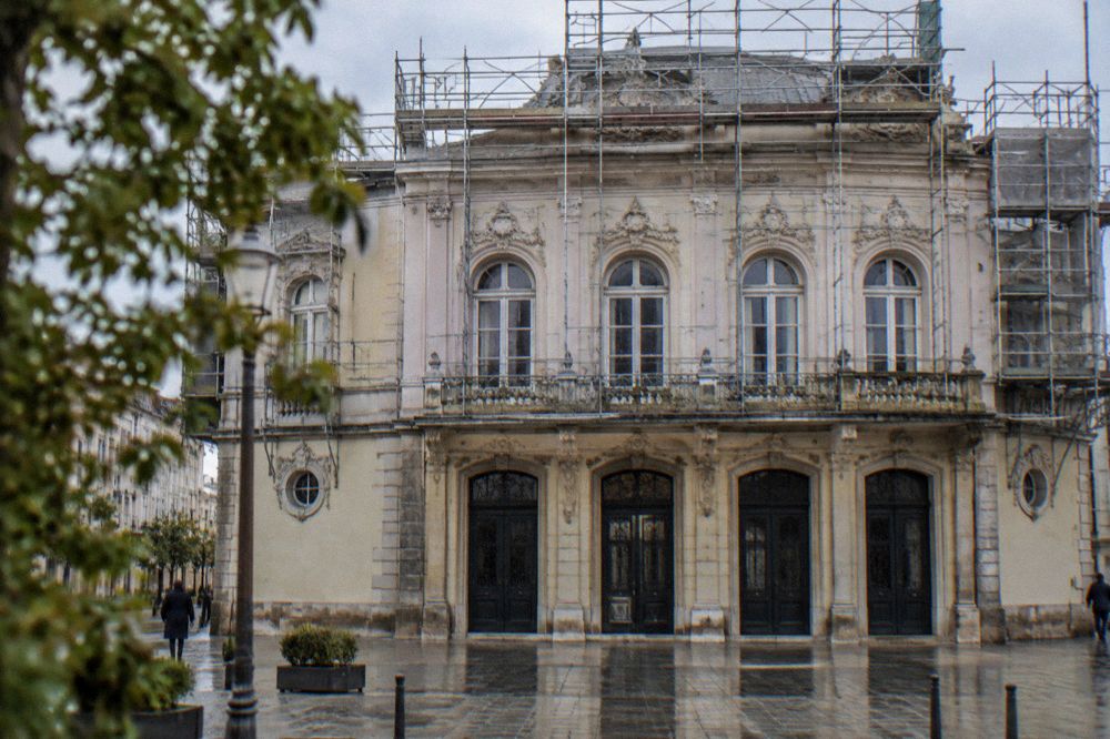 Scaffolding on the upper facade of a historic theatre building during restoration works