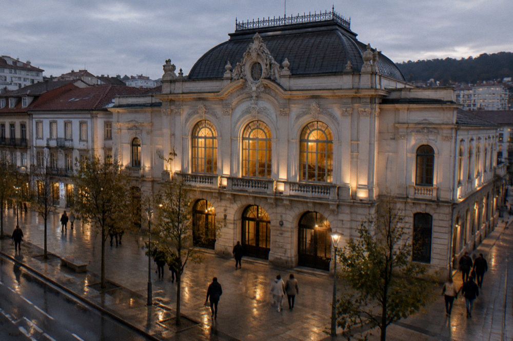 The facade of the Theatro Circo illuminated at dusk with people walking past