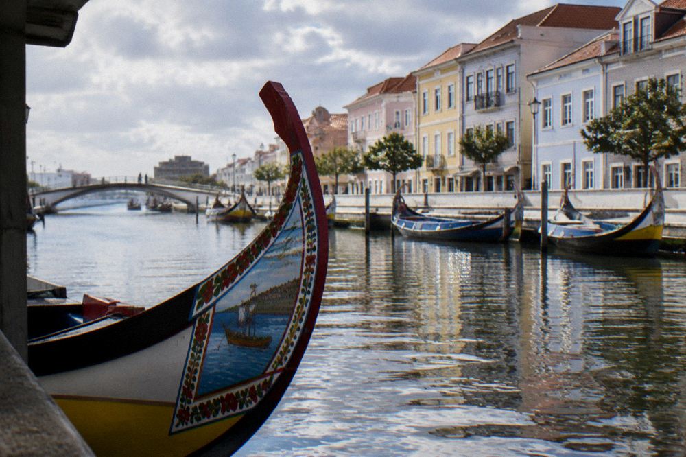 Moliceiro boat prow with traditional painted decoration on an Aveiro canal