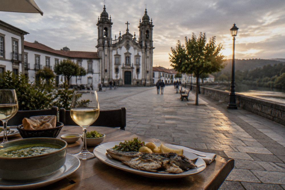 A restaurant table with grilled fish, green soup and glasses of white wine in northern Portugal
