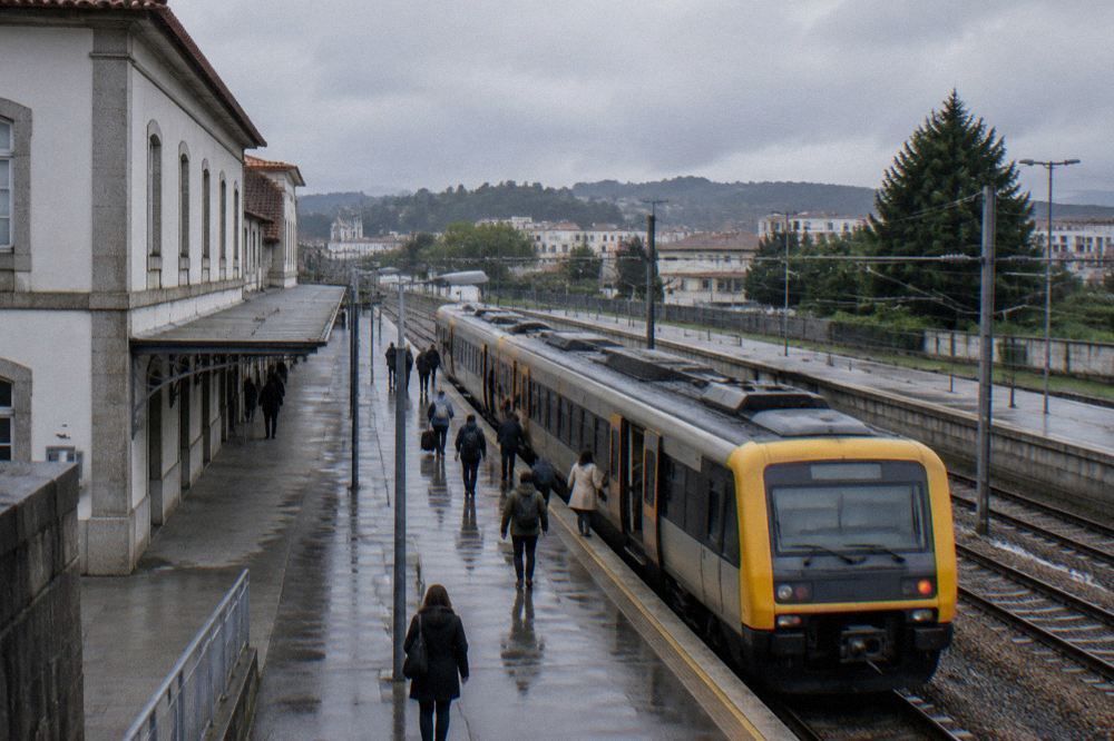 A regional train waiting at a Portuguese station platform with passengers boarding