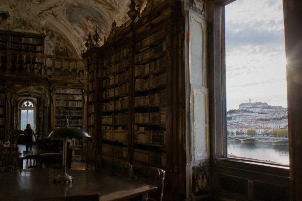The baroque interior of an old library with tall wooden bookshelves and ornate painted ceilings