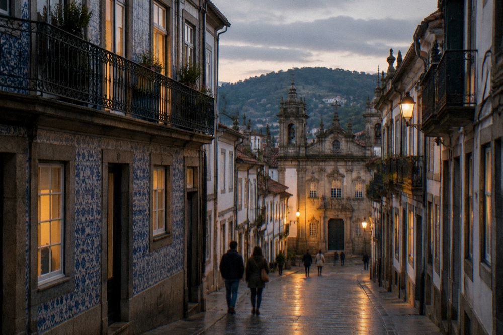 Coimbra's old town illuminated at night with the river reflecting the lights