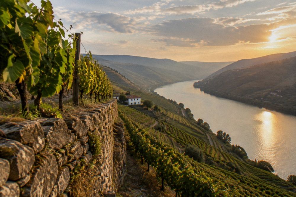 A stone terrace wall with vines above the Douro river at golden hour