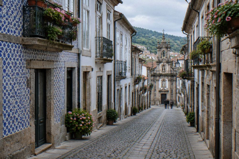 Narrow cobbled lane with granite houses and flowers in the old town of Guimaraes