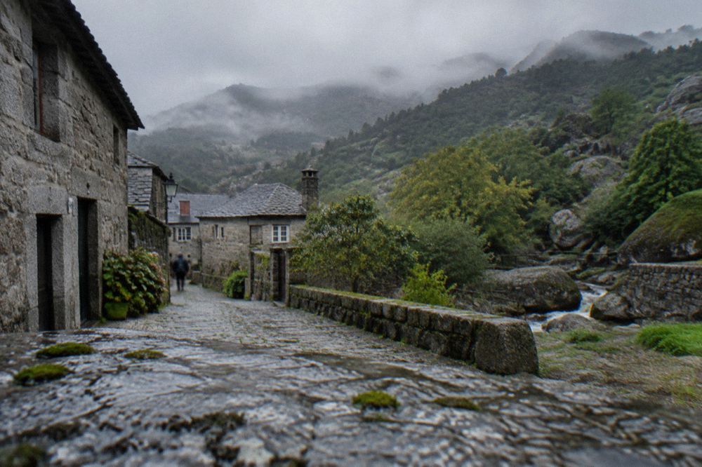 A stone village street with granite houses in the Gerês valley