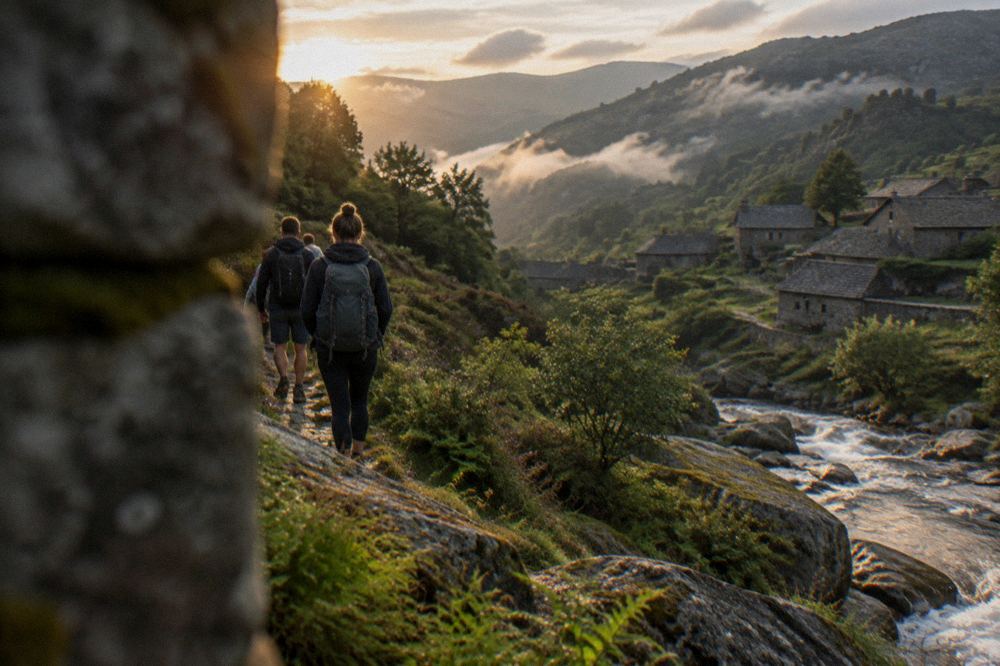 Hikers on a trail above a river in the Peneda-Gerês mountains
