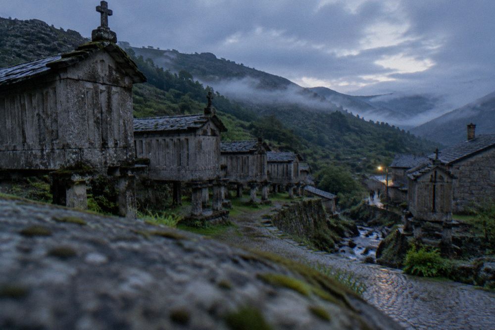Granite espigueiro granaries standing in rows in a mountain village