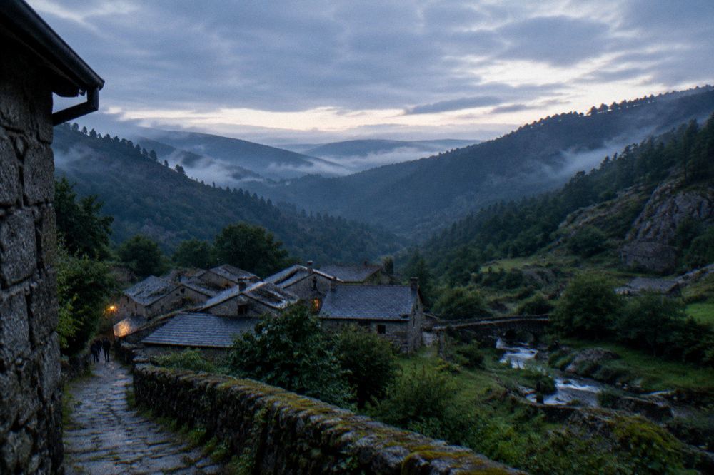 A wide view of forested mountain ridges receding into haze in Peneda-Gerês