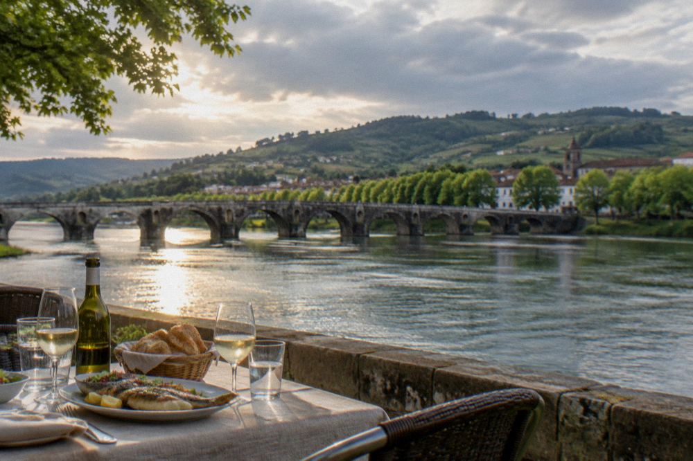 A lunch table with grilled fish, bread, a green wine bottle and water glasses on a terrace overlooking a river