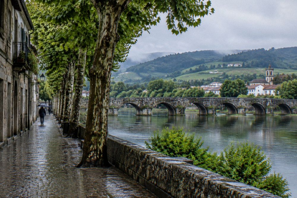 Rain-soaked cobbled street with old granite buildings, wet stone shining under grey light
