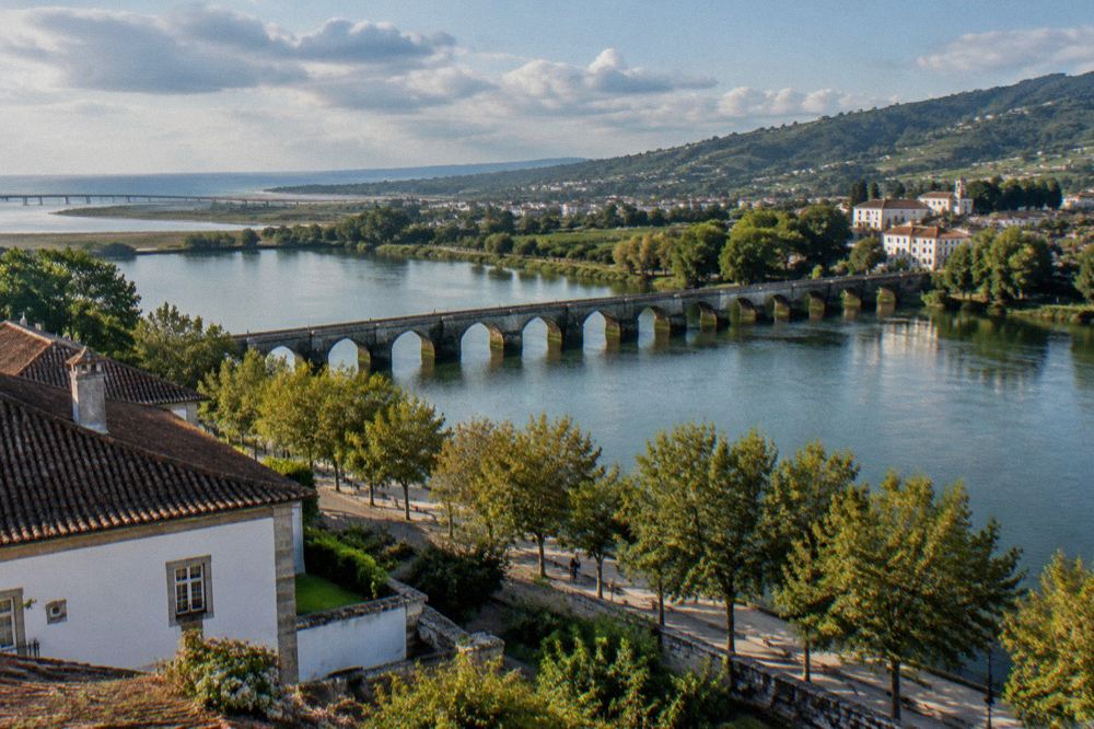 A hillside town above a wide river estuary with a bridge and distant ocean horizon