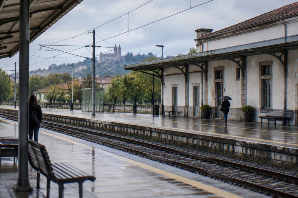 A ticket machine and departure board inside a Portuguese railway station