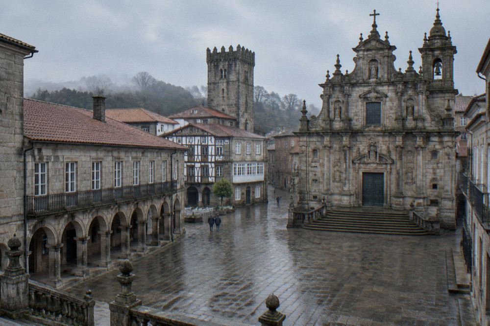 A medieval European town square with a stone castle tower and half-timbered and granite buildings under a blue sky