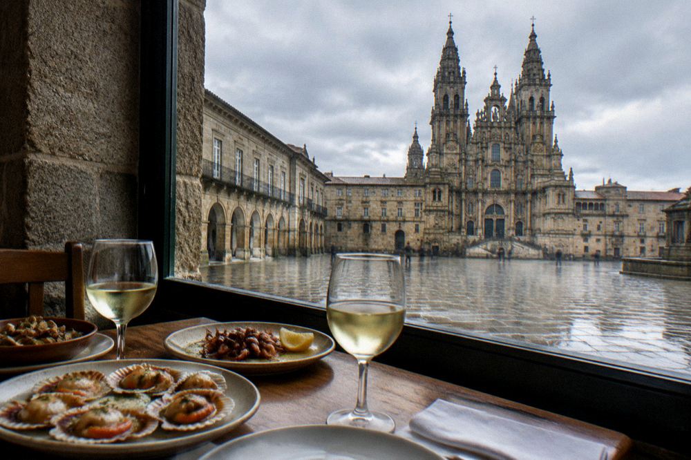 A table with plates of seafood and glasses of white wine set beside a window in a stone-walled restaurant