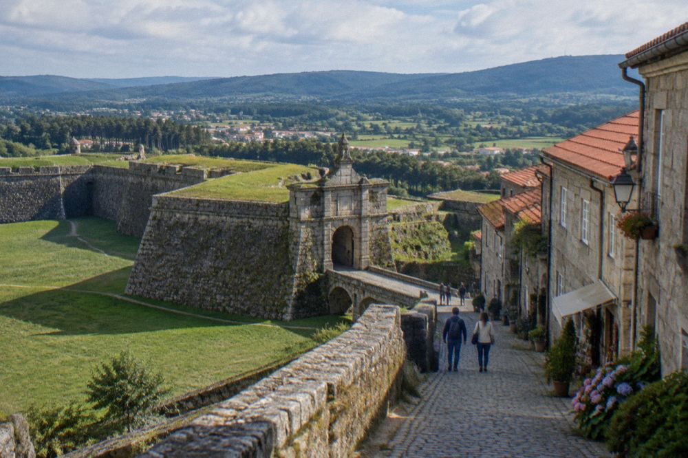 A cobbled lane inside fortress walls lined with granite houses and small shopfronts