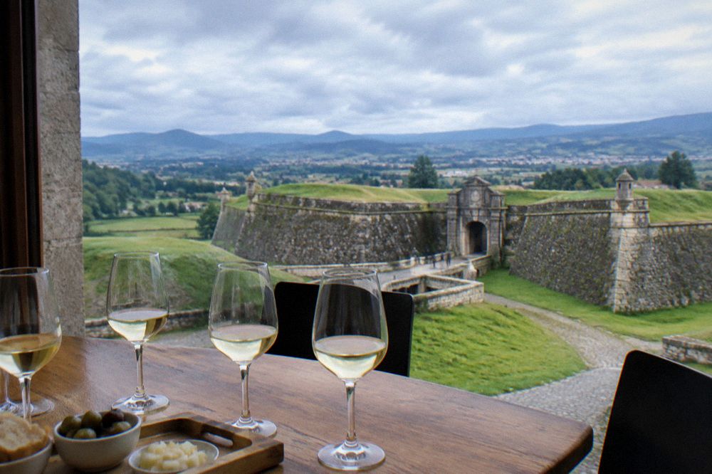 A wine tasting with glasses of pale white wine on a wooden table in a tasting room