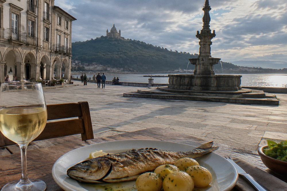 Grilled whole fish and potatoes served on a rustic restaurant table with a glass of white wine