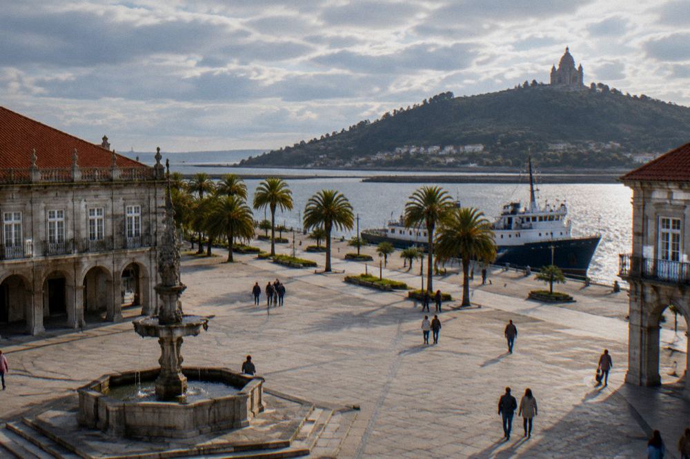 Riverside promenade with a moored ship, palm trees and people strolling in afternoon light