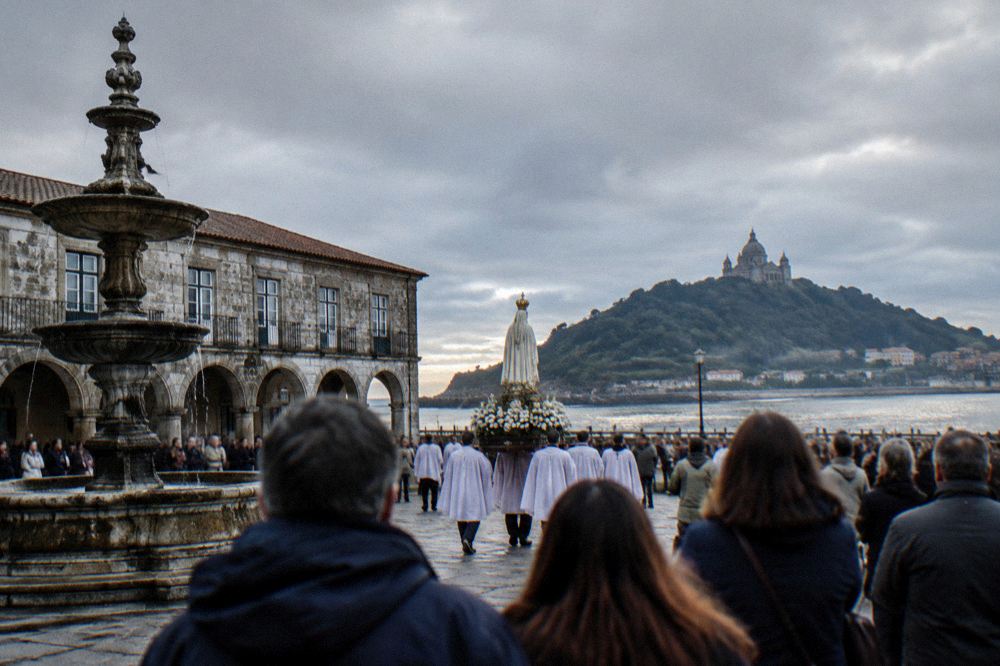Crowds watching a religious procession with banners and flower-decorated streets in a Portuguese town