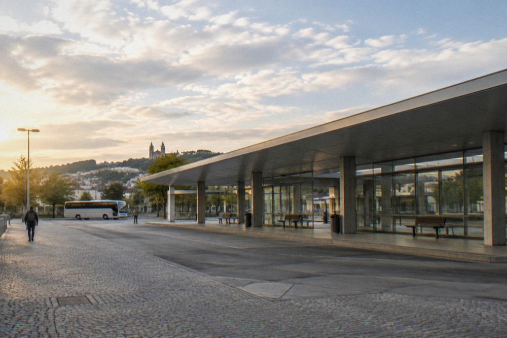 A regional bus parked at a small intercity bus station in northern Portugal