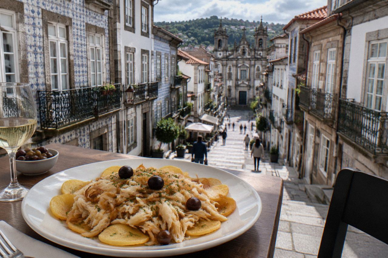 A plate of bacalhau a Braga with shredded salt cod, fried potatoes and onions on a restaurant table