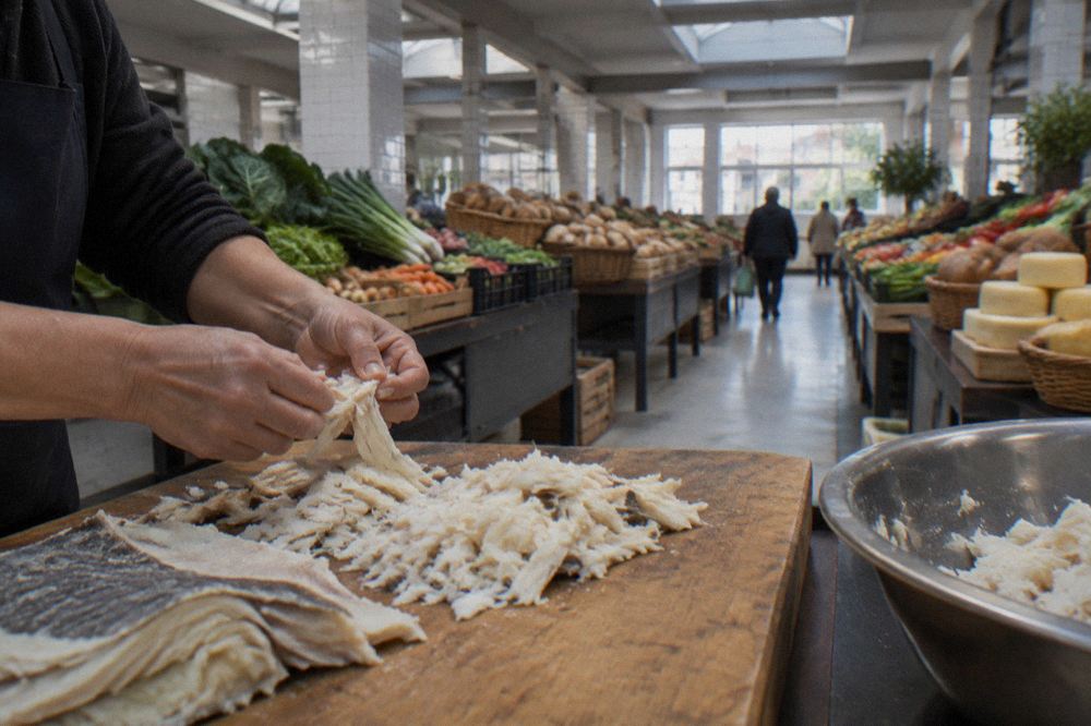 Shredded desalted salt cod being pulled apart by hand on a wooden board before cooking