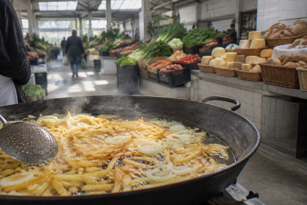 Thin strips of potato and sliced onions frying in olive oil in a wide pan