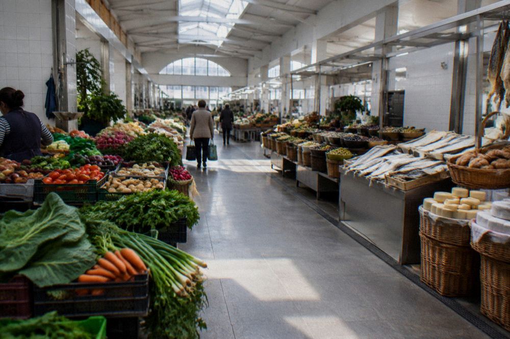 Stalls of vegetables, olives and salted fish inside a Portuguese municipal market hall