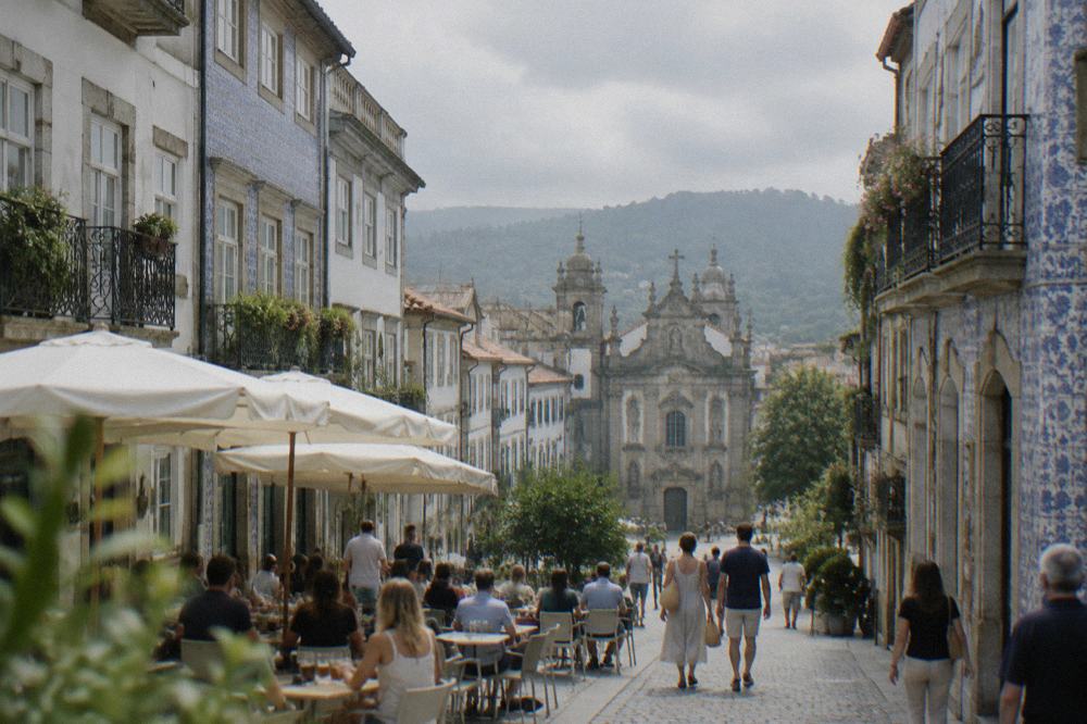 A busy summer terrace of a café beside a baroque church facade in Braga