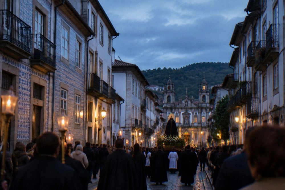A candlelit religious procession moving through a crowded night street in Braga