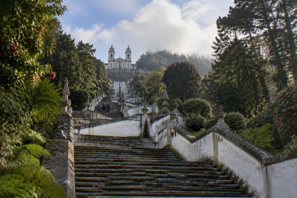 The wooded Bom Jesus hill rising behind Braga with the sanctuary visible on top