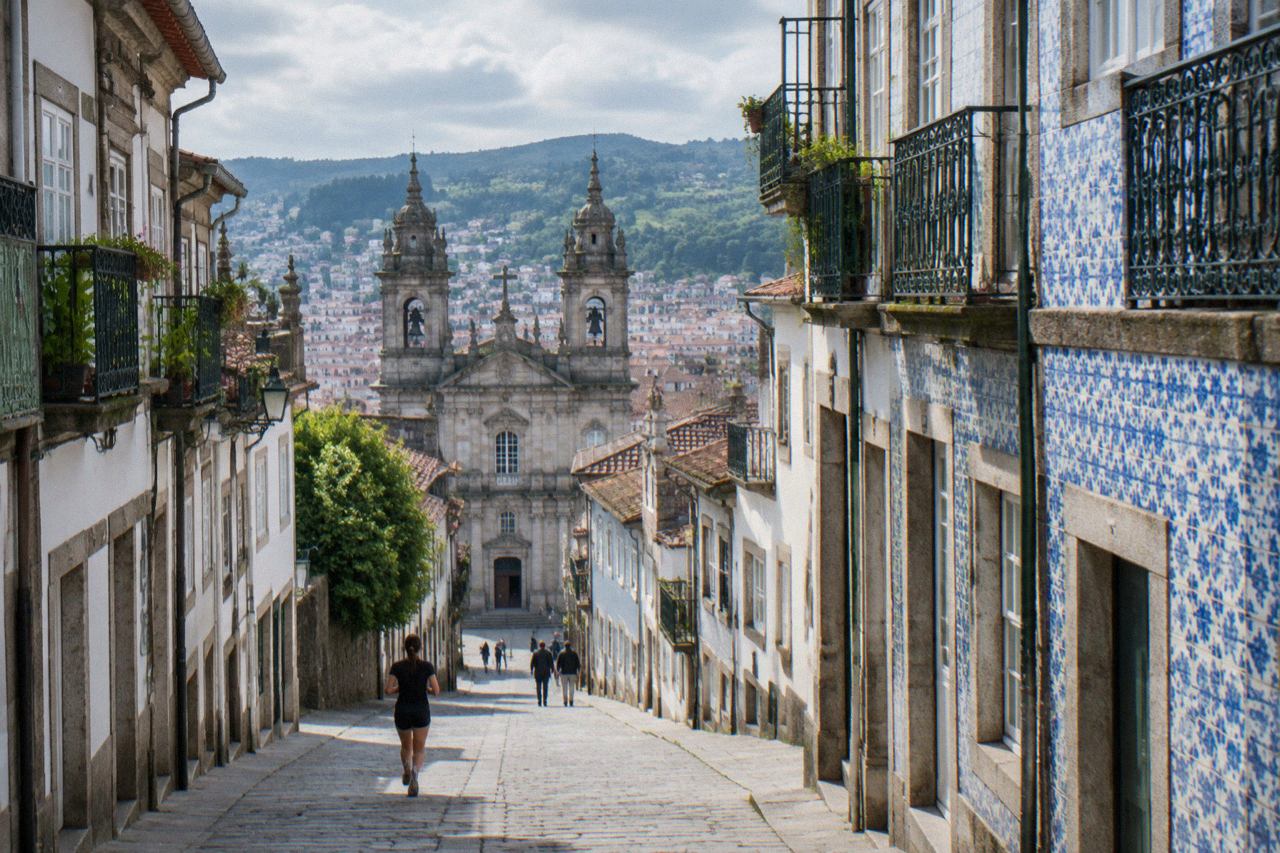 A view over the rooftops and church towers of Braga with hills rising behind the city