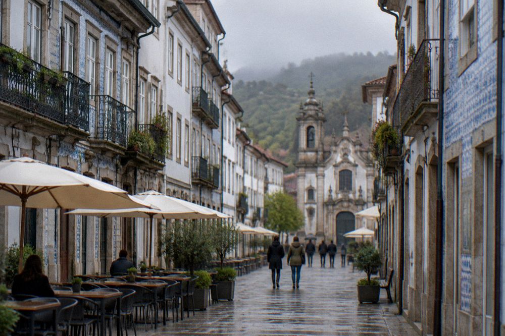 A pedestrian street in Braga's historic centre with cafe tables and baroque building facades