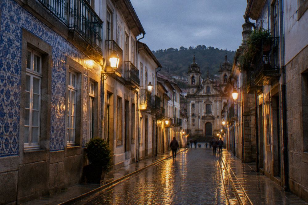 Rain-washed cobblestone street in Braga with wet stone buildings reflecting evening light