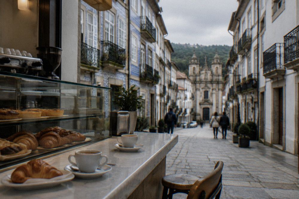 A marble cafe counter in Braga with espresso cups and a glass pastry case