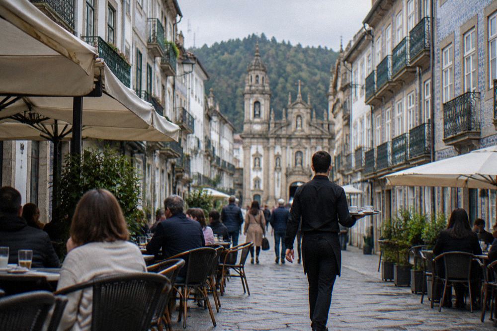 A waiter carrying a tray with espresso cups through a busy Braga cafe