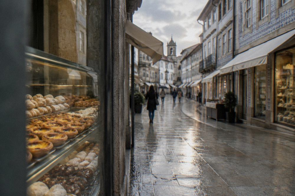 A glass pastry case filled with Portuguese custard tarts and convent sweets