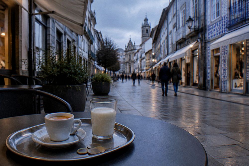 A tray with an espresso cup, a glass of milk and coins on a cafe table