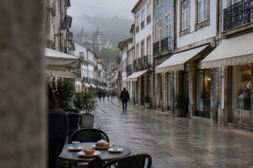Two espresso cups and pastries on a small cafe table beside a sunlit street