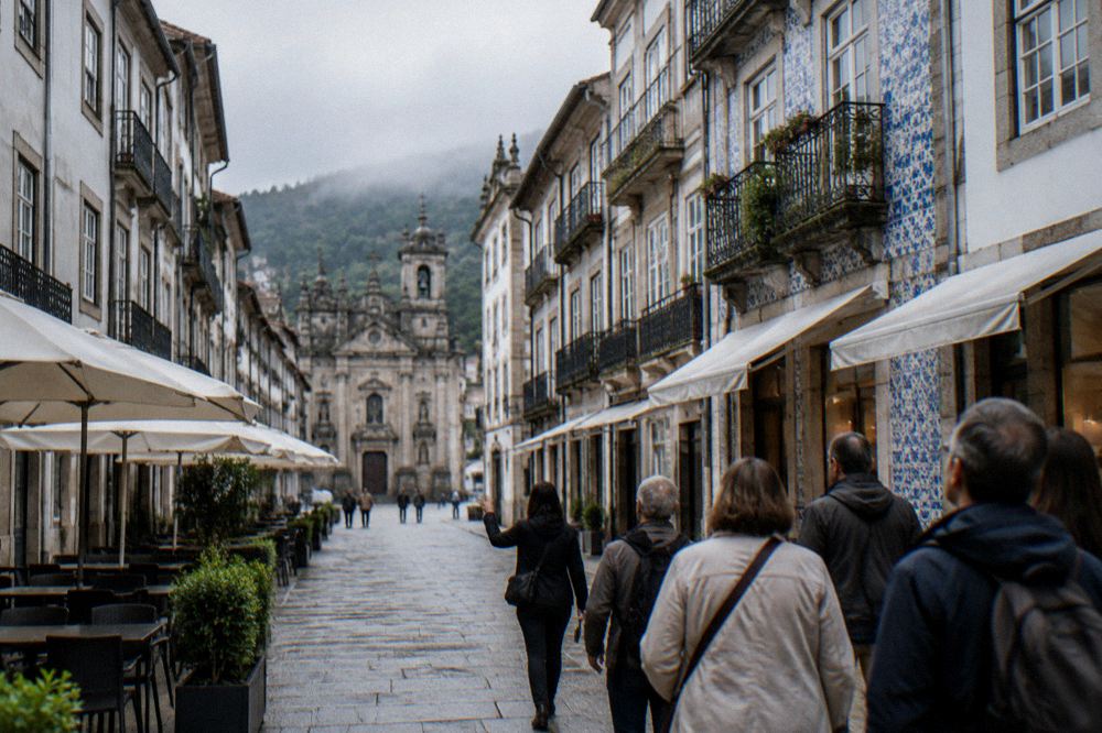 A small group of visitors following a guide along a Braga shopping street with cafe awnings