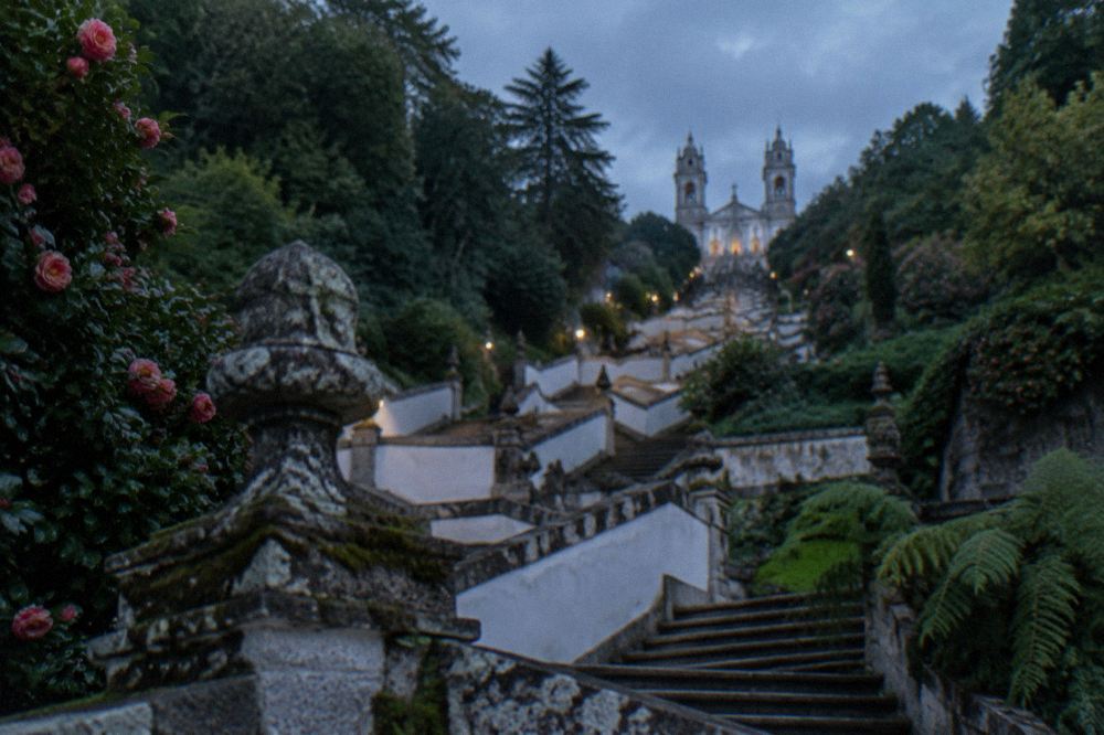 The baroque stairway of Bom Jesus do Monte zigzagging up the wooded hillside