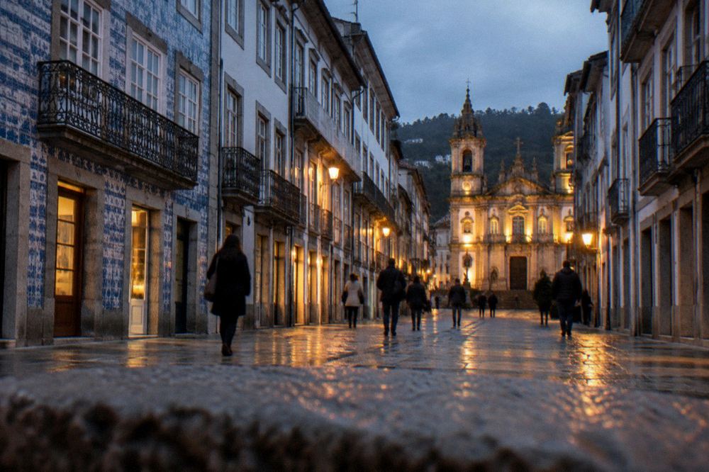 The illuminated facade of a Braga church at dusk with people walking past